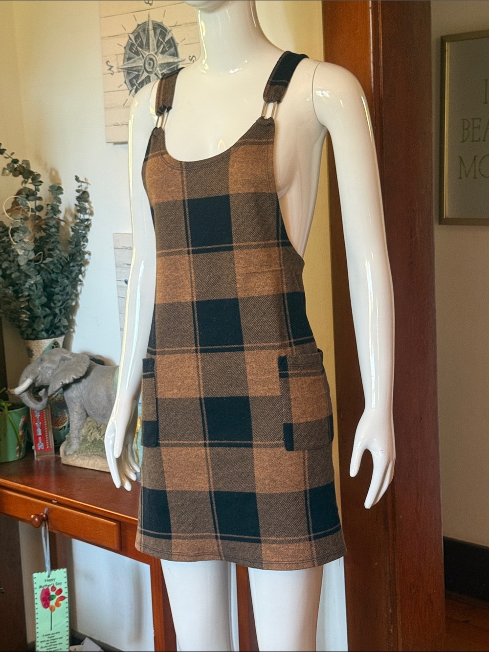 Eclipse Plaid Pinafore Dress in Brown and Black size M (6-8) with Pockets